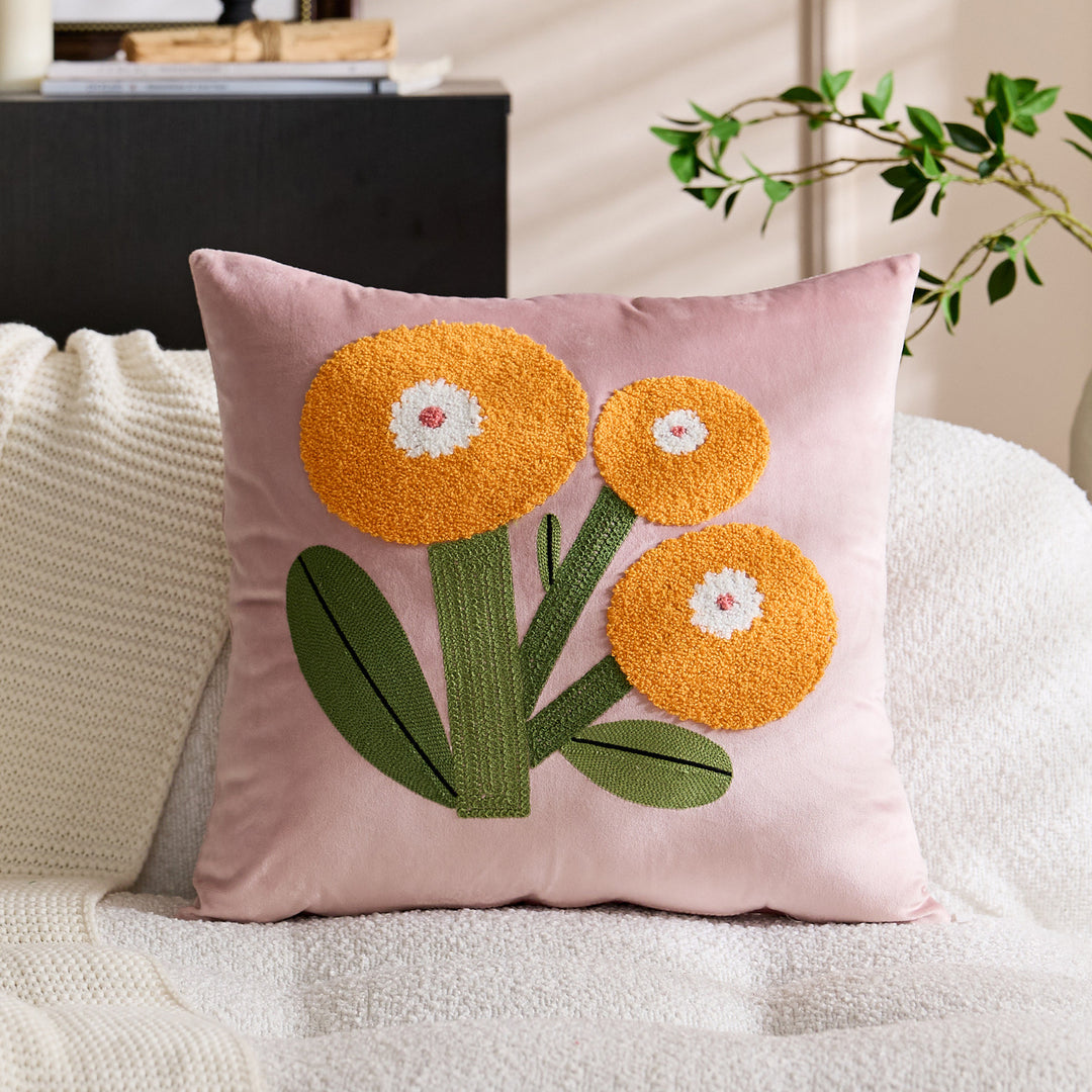 Square Velvet Tufted Floral Chenille Appliqué Accent Pillow Cover