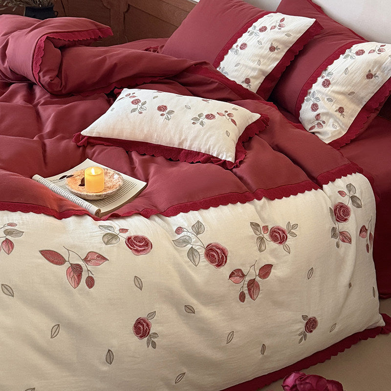 Embroidered Floral Reversible Duvet Cover Set with Ruffled Edge
