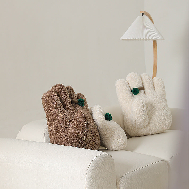 Plush decorative pillow in hand shape with pompon application Stornfield