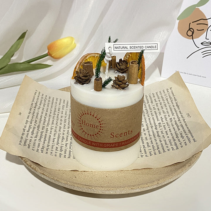 Natural Decorative Soy Pillar Candle with Dried Citrus Pinecone Topper