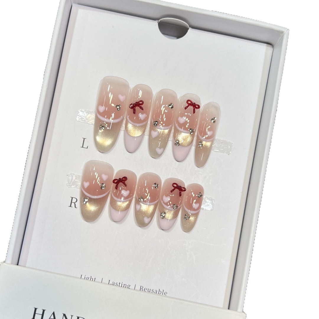 Decorative Press-On Nail Set with Heart and Bow Accents Stornfield
