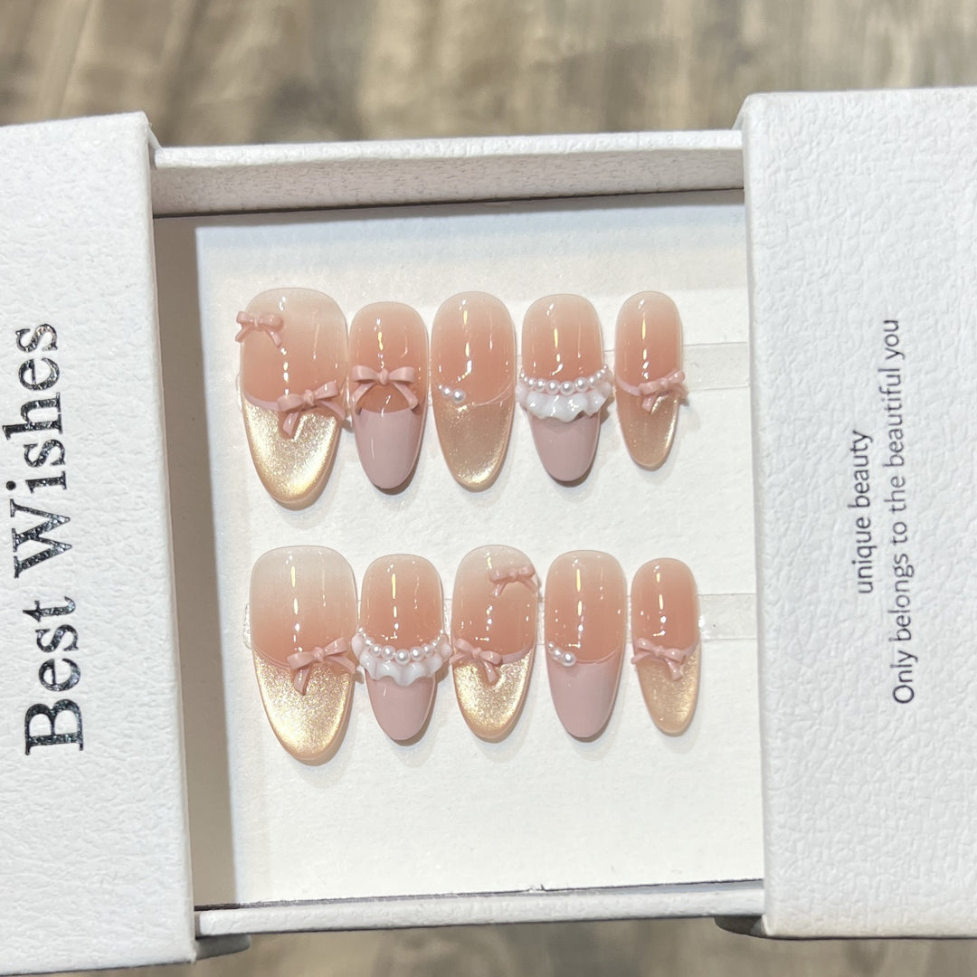 Elegant Press-On Nail Art Set with Pearl and Bow Accents Stornfield