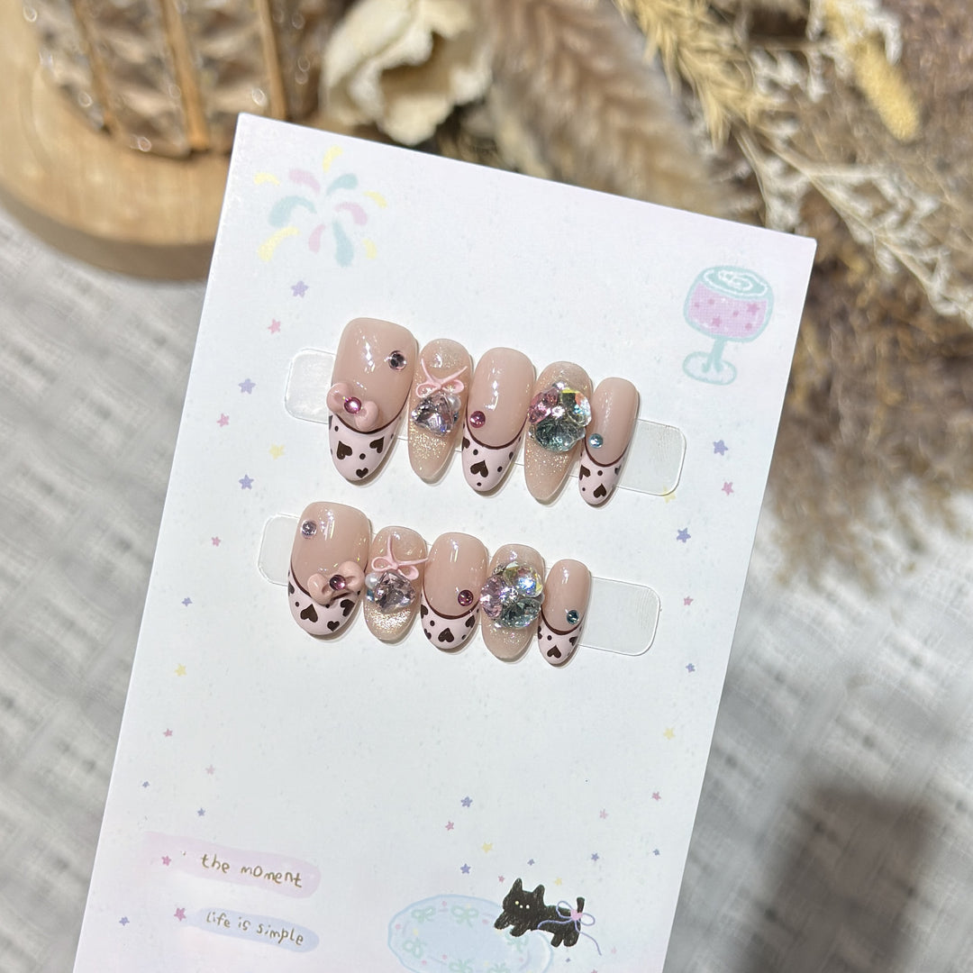 Decorative Press-On Nail Art Set with Heart and Gem Accents Stornfield