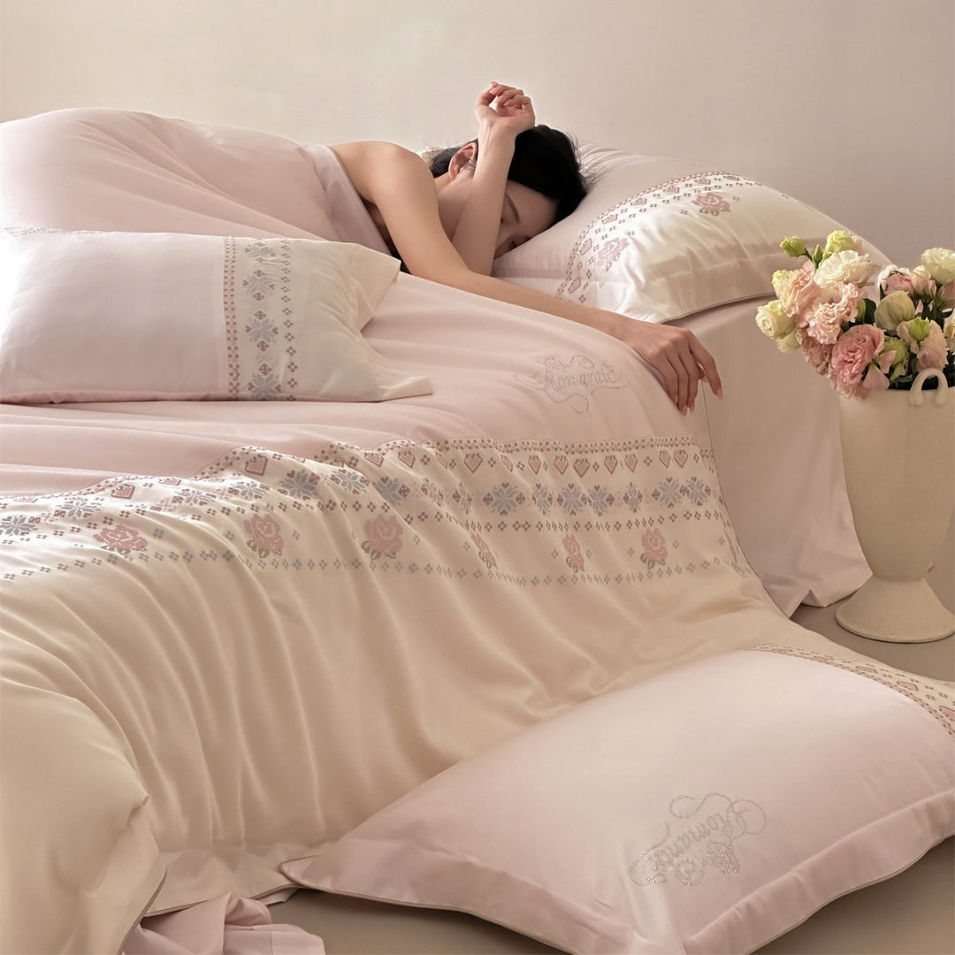 Silky Sateen Embroidered Floral Duvet Cover Set with Decorative Border Pillowcases