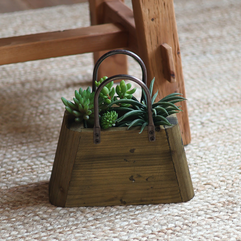 Handcrafted wooden basket with metal handles Stornfield