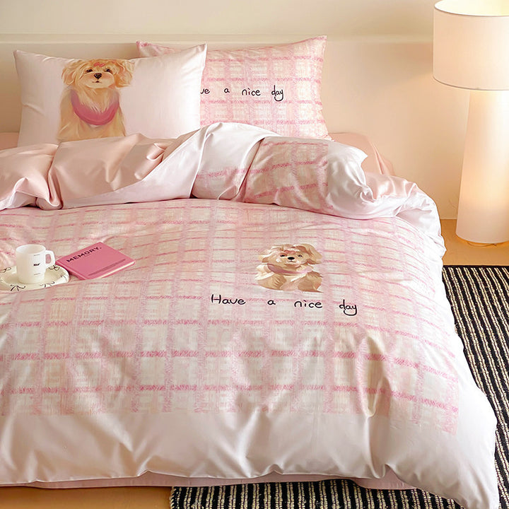 Playful Pink Plaid Cotton Sateen Duvet Cover Set with Cute Dog Print & Reversible Silky Finish
