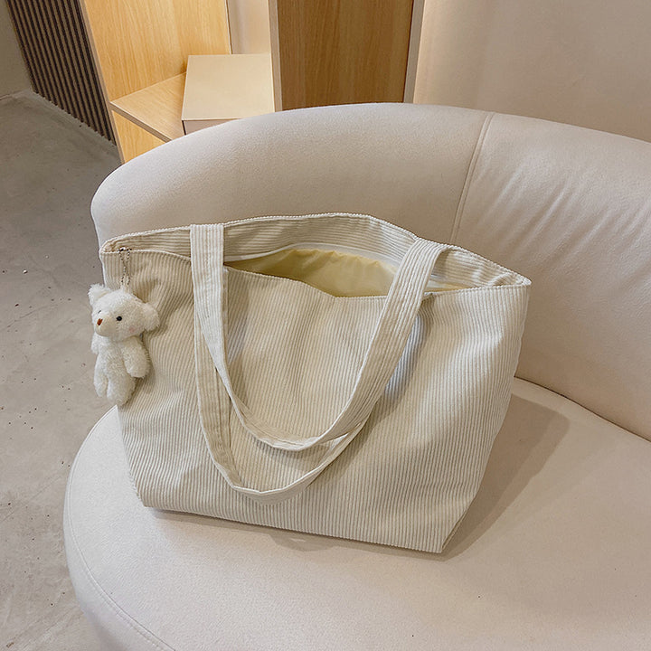 Functional Corduroy Tote Bag with Plush Charm
