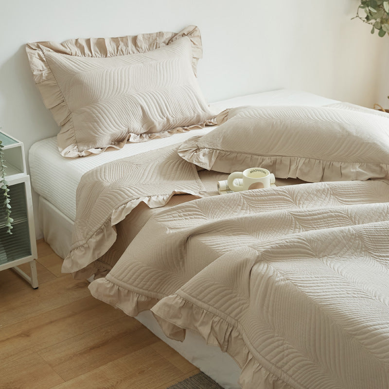 Quilted Wave-Texture Ruffled Bedspread Set with Pillow Shams