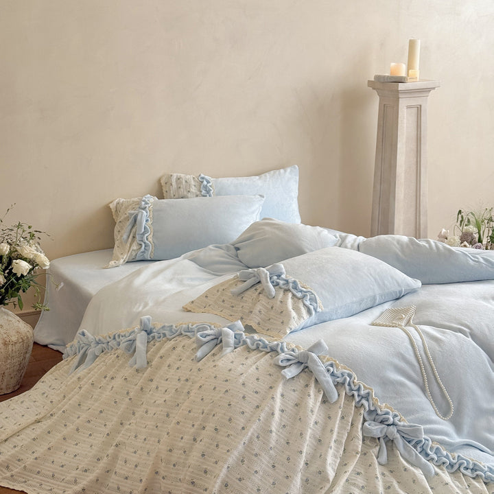 Soft Washed Cotton-Linen Ruffled Duvet Cover Set with Bow-Tie Accents & Lace-Trim Bed Skirt