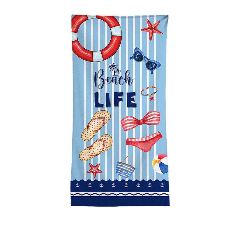 Oversized Quick-Dry Microfiber Beach Towel with Striped Nautical 'Beach Life' Illustration