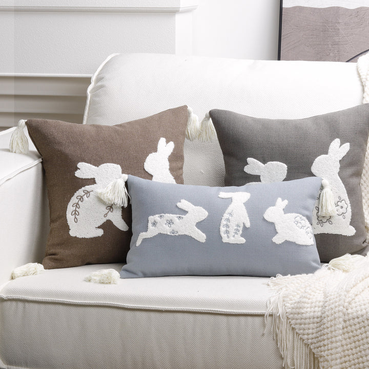 Embroidered Bunny Appliqué Tassel Lumbar Pillow Cover