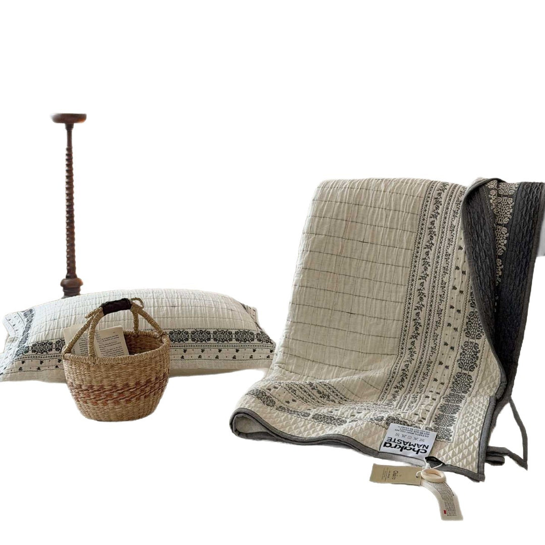 Quilted Cotton Reversible Bedspread with Botanical Embroidery and Matching Pillow Shams