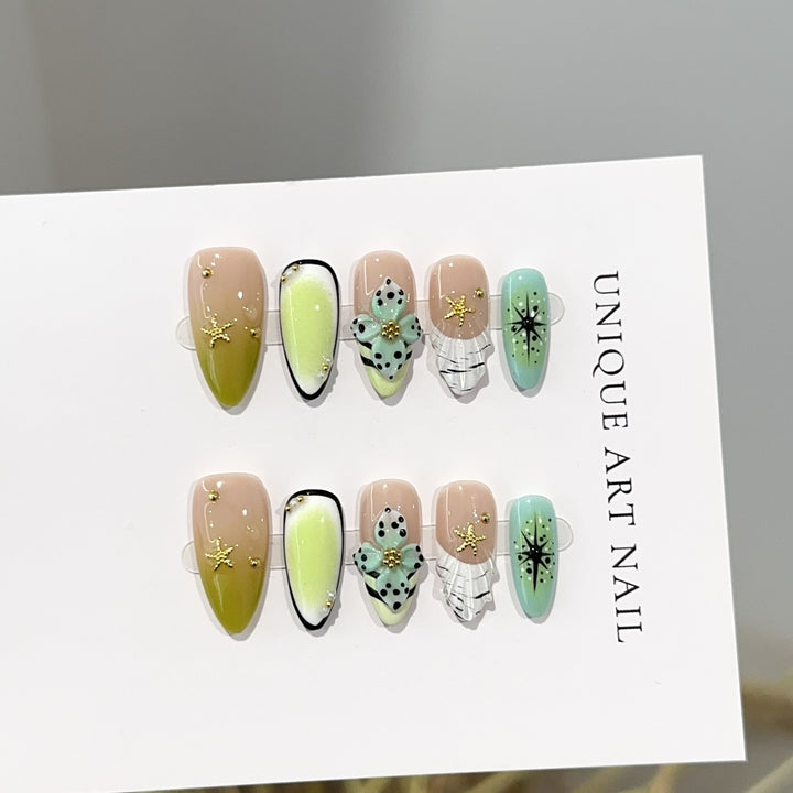 Artistic Press-On Nail Set with Floral and Gemstone Accents