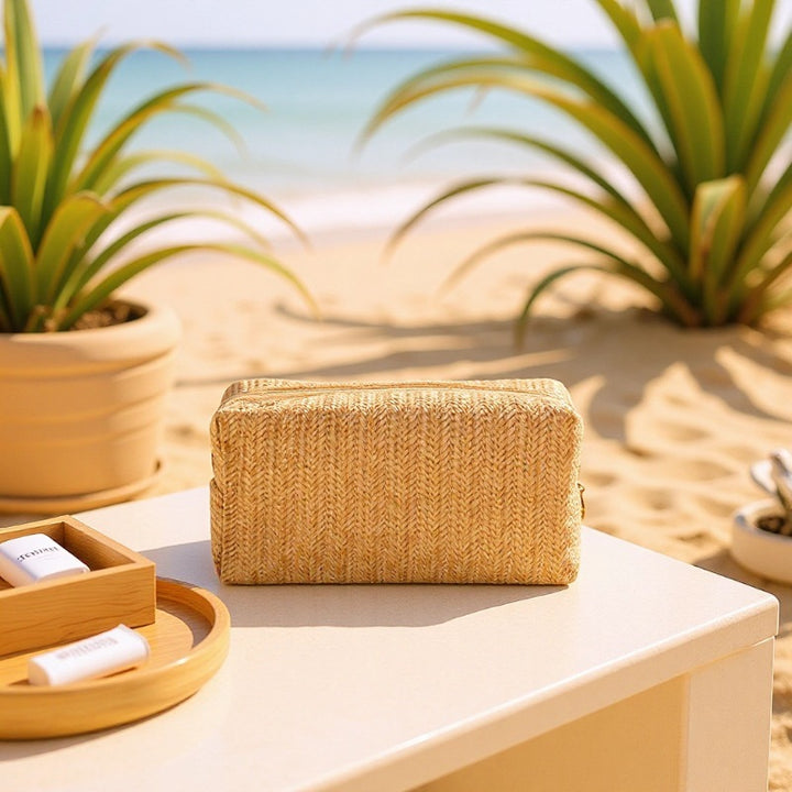 Cosmetic bag made of natural rafia material with elegant design Stornfield