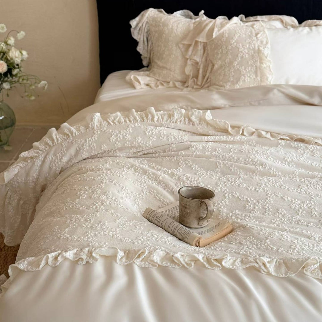 Luxurious Ruffled Lace Embroidered Duvet Cover Set with Satin Sheet