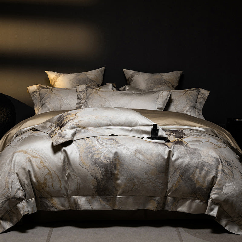 Luxury Marble-Print Satin Duvet Cover Set with Pillow Shams & Hidden Zipper