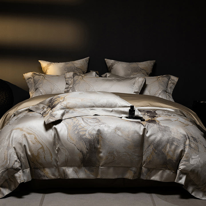 Luxury Marble-Print Satin Duvet Cover Set with Pillow Shams & Hidden Zipper