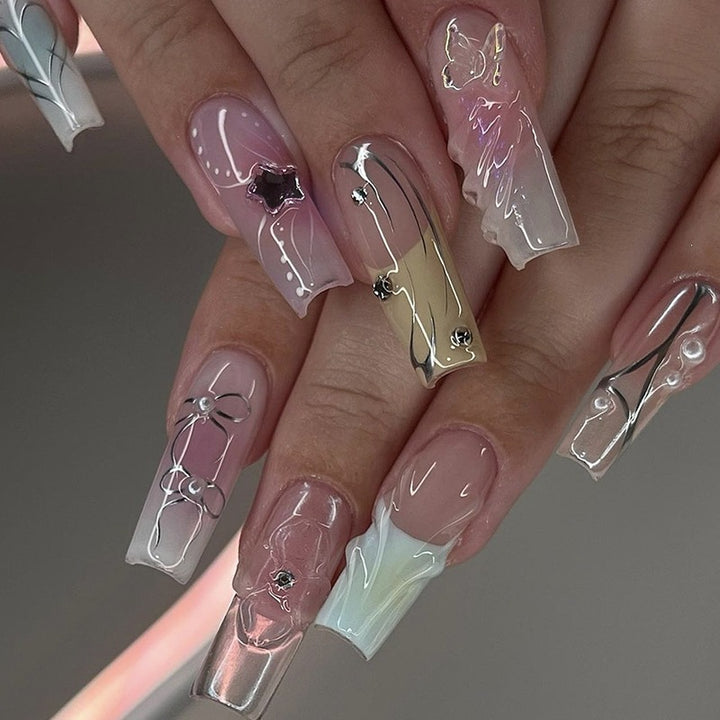 Art Nail Set with Stylish Gradient and 3D Elements Stornfield