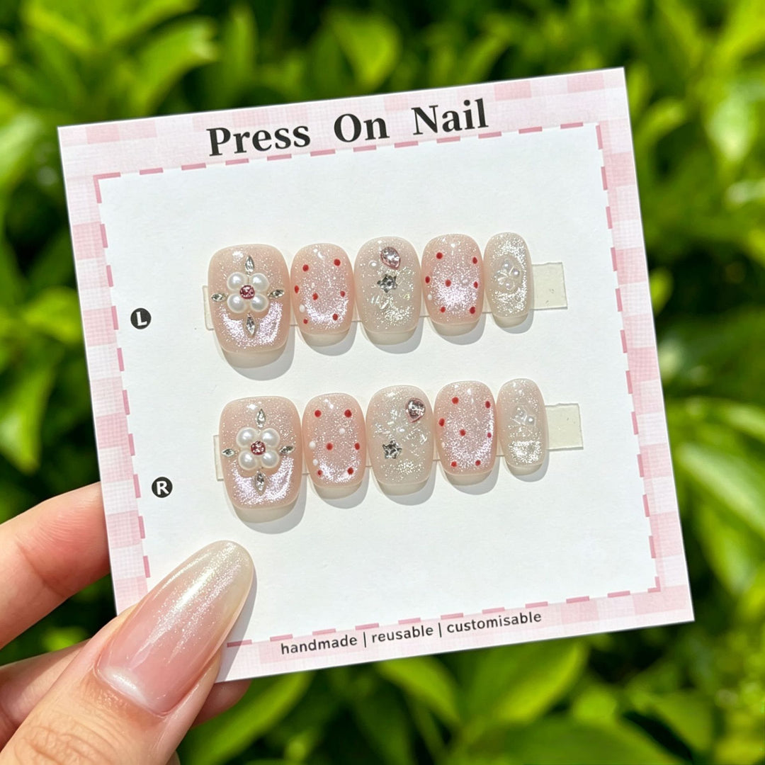 Decorative Press-On Nail Set with Gem Accents  1791774365