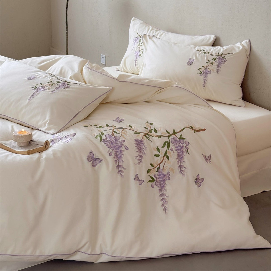Embroidered Wisteria Cotton Sateen Duvet Cover Set with Piped Pillow Shams