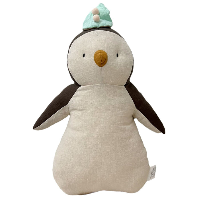 Handcrafted Organic Cotton Penguin Plush Toy with Striped Knit Scarf and Embroidered Face