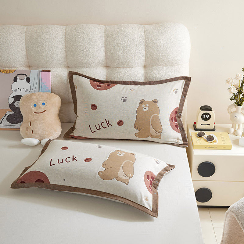 Decorative Cotton Pillowcase Set with Cartoon Puppy Stripe Print
