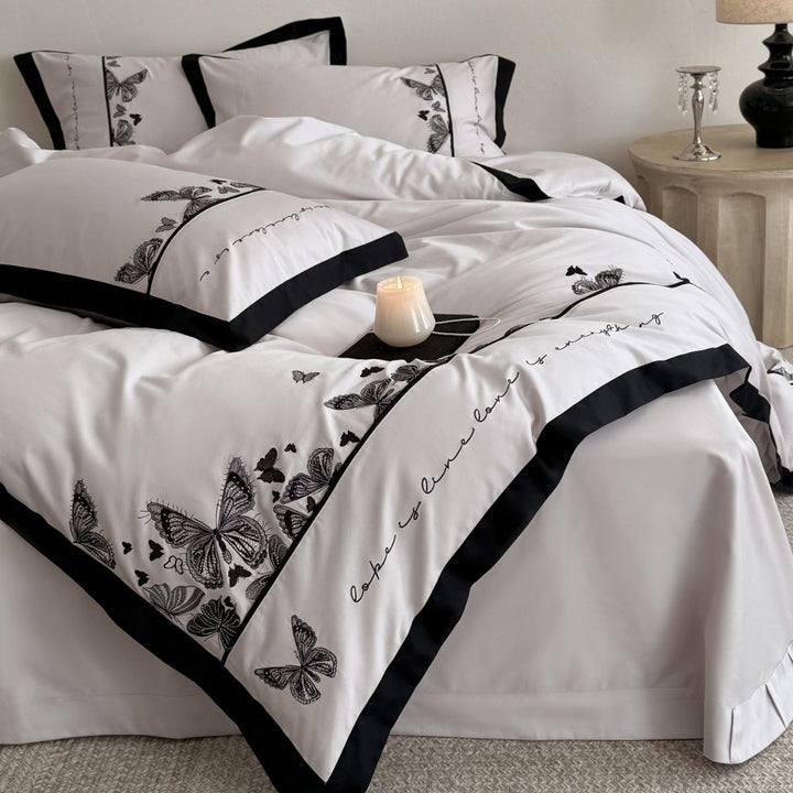 Botanical Butterfly Embroidered Cotton-Sateen Reversible Duvet Cover Set with Contrast Piped Border and Euro Shams