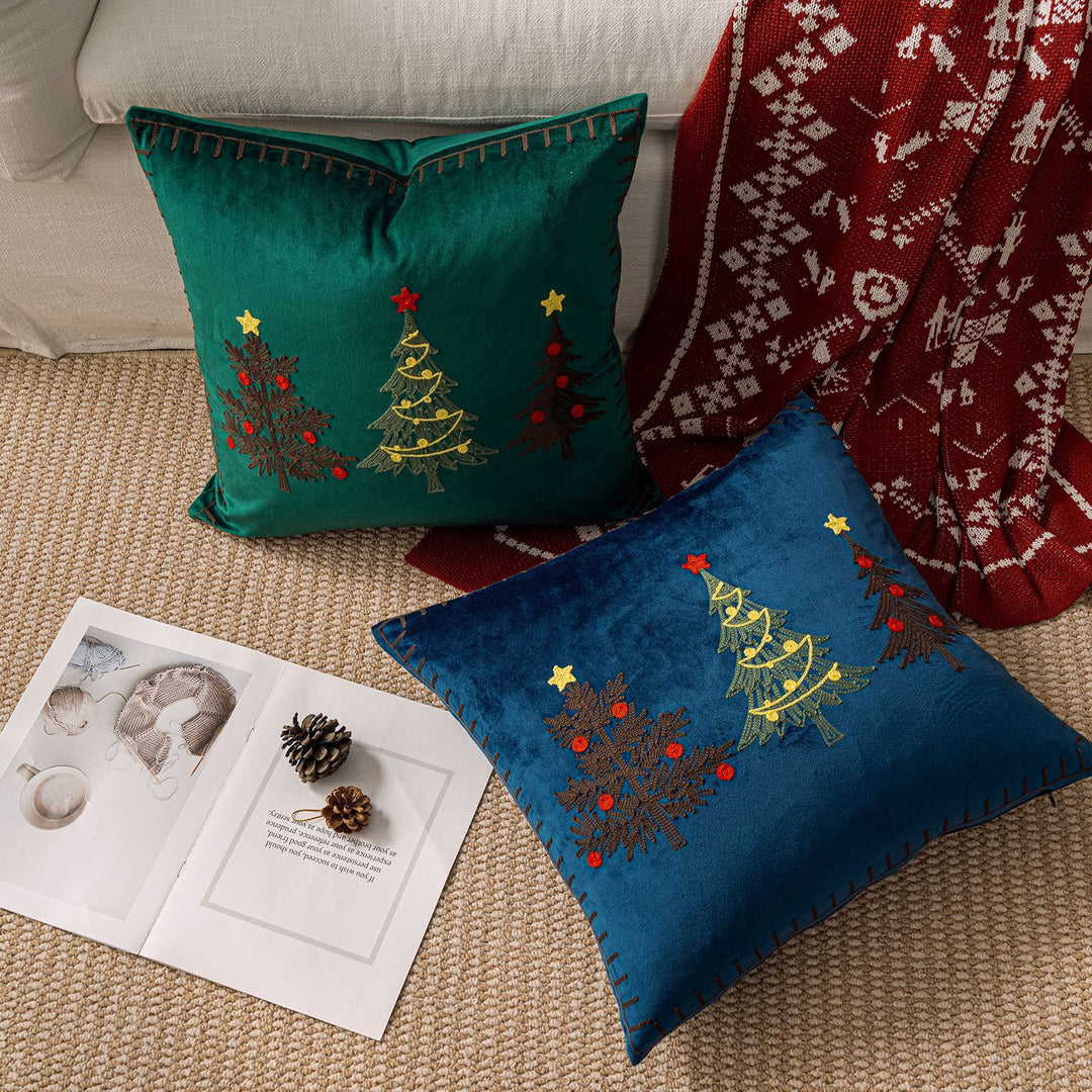 Plush Velvet Square Accent Pillow Cover with Hand-Stitched Christmas Tree Embroidery and Blanket-Stitch Edge