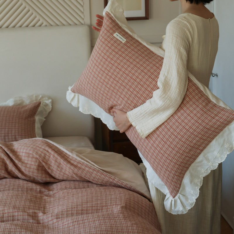 Plaid Cotton-Linen Duvet Cover Set with Ruffled Lace Trim