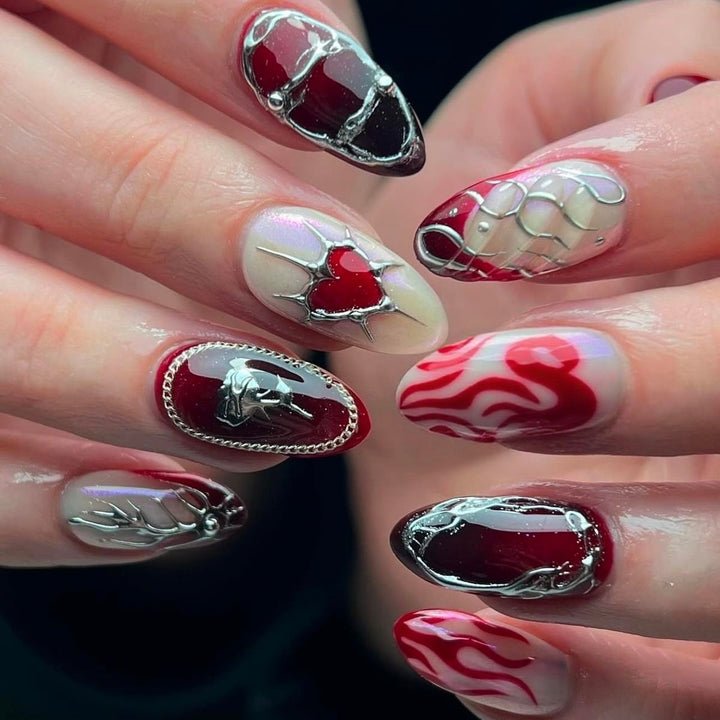 Stylish artificial nails with creative heart and flame designs Stornfield