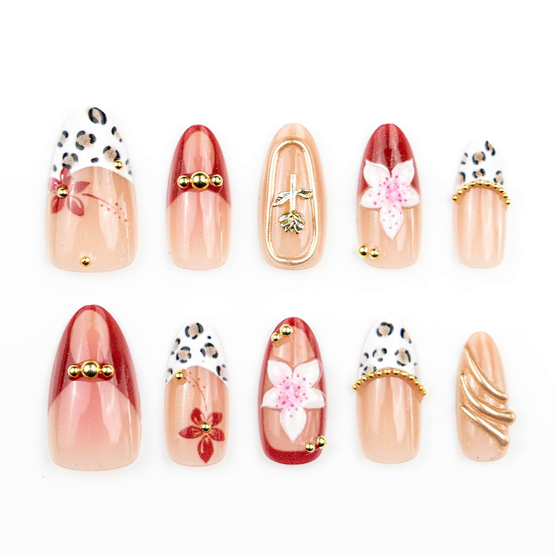 Artistic Decorative Press-On Nail Art Set with Floral and Leopard Patterns Stornfield