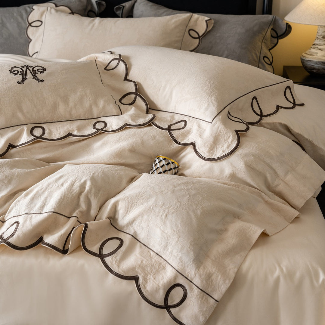 Embroidered Scalloped-Loop Jacquard Duvet Cover Set with Matching Pillow Shams