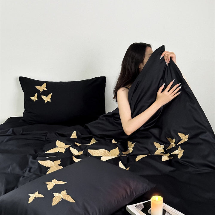 Luxury Cotton Sateen Duvet Cover Set with Gold Butterfly Embroidery