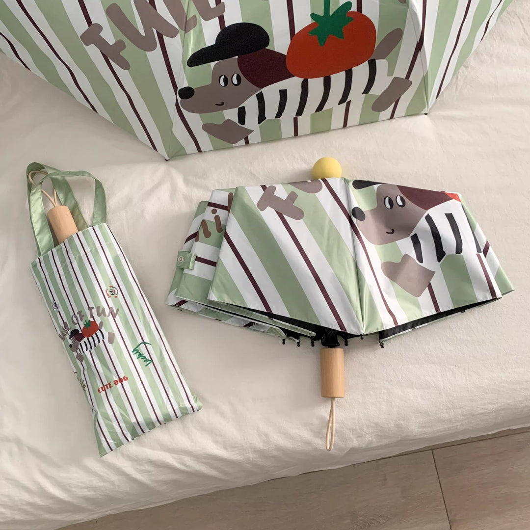 Ladies elegant folding umbrella with ergonomic wooden handle and protective carrying case Stornfield