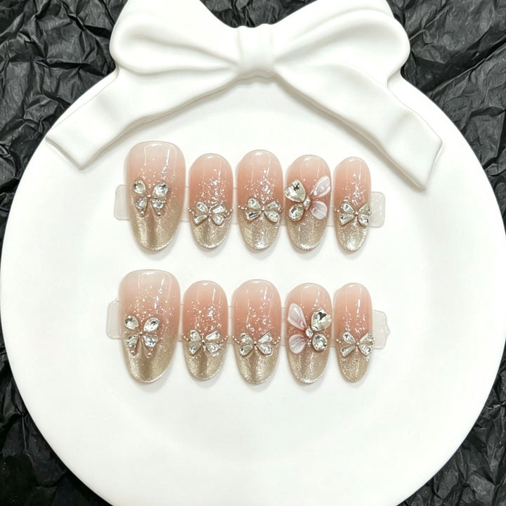 Decorative Press-On Nail Art Set with Rhinestone Bow Accents