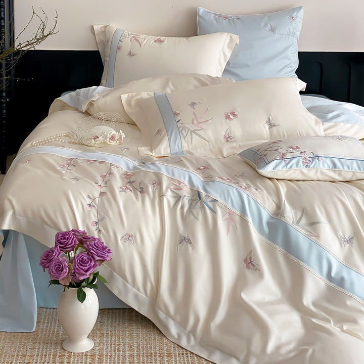 Silk-Feel Reversible Embroidered Botanical Duvet Cover Set with Satin-Trim Shams