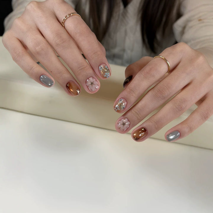 Artistic Press-On Nail Set with 3D Floral Accents