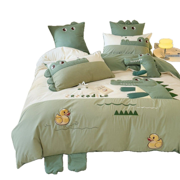 Crocodile Appliqué Cotton Duvet Cover Bedding Set with Plush Accent Pillow