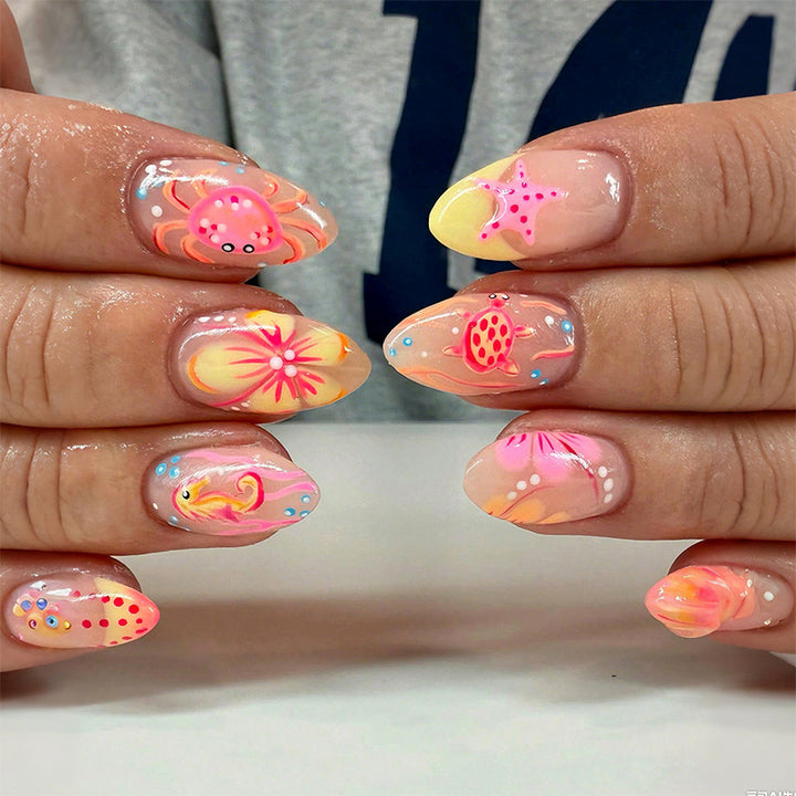 Artistic Press-On Nail Set with Floral and Colorful Designs Stornfield