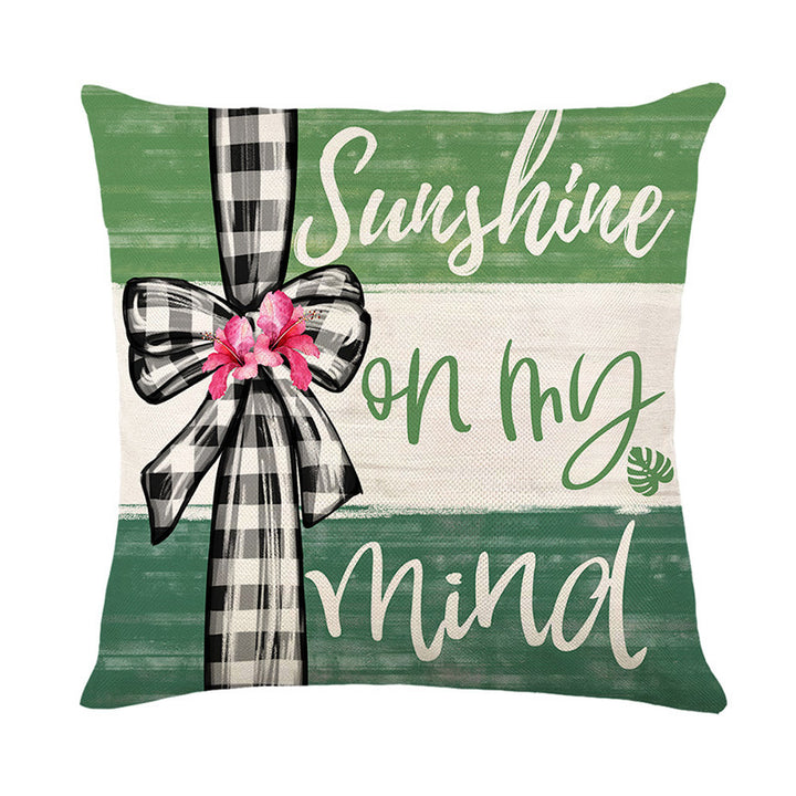Decorative Square Cotton-Linen Throw Pillow Cover with Script Sweet Summer Time and Buffalo Check Ribbon Print