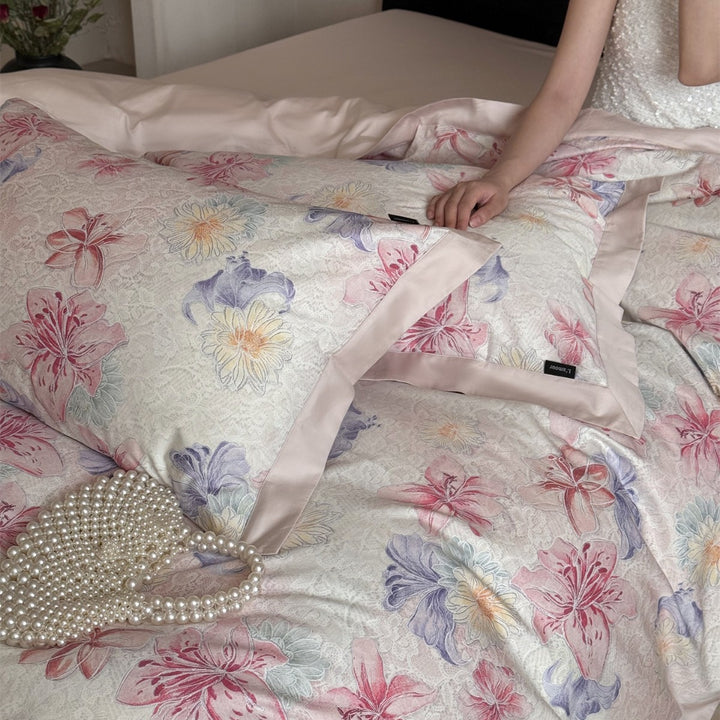 Lightweight Cotton-Sateen Floral Print Duvet Cover Set with Satin-Flange Border & Hidden Zipper