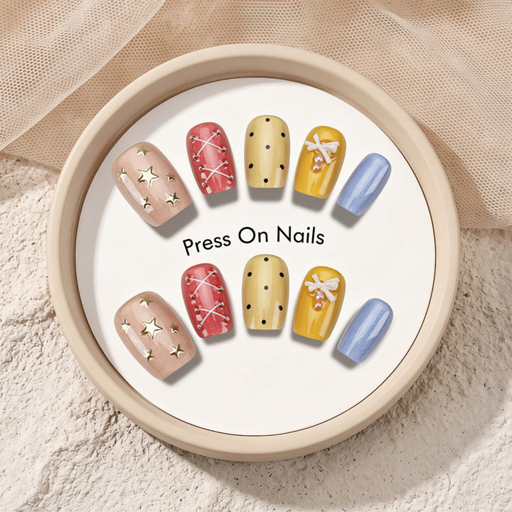 Decorative Press-On Nail Set with Star and Bow Designs Stornfield