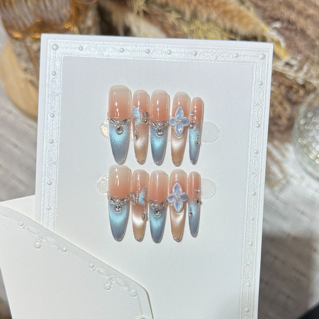 Artistic Press-On Nail Set with Floral and Gemstone Accents Stornfield