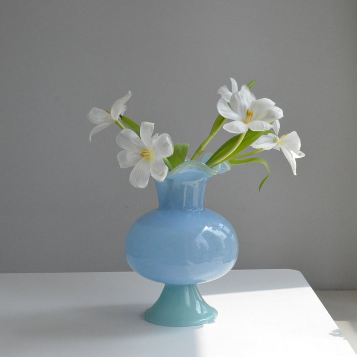 Handblown Ruffled-Rim Bulb-on-Pedestal Art Glass Vase Stornfield