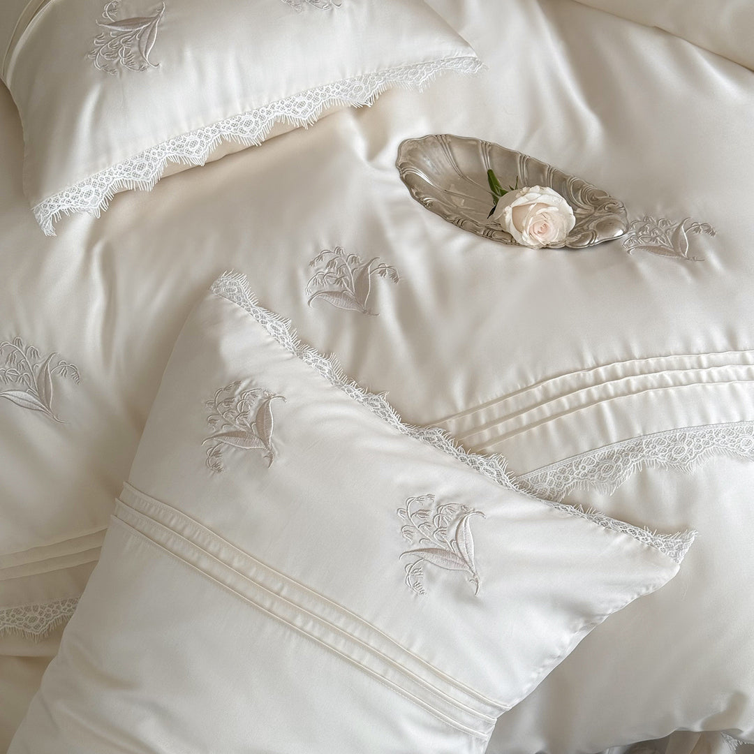 Organic Cotton Embroidered Duvet Cover Set with Lace-Trimmed Pillow Shams and Pin-Tuck Detail