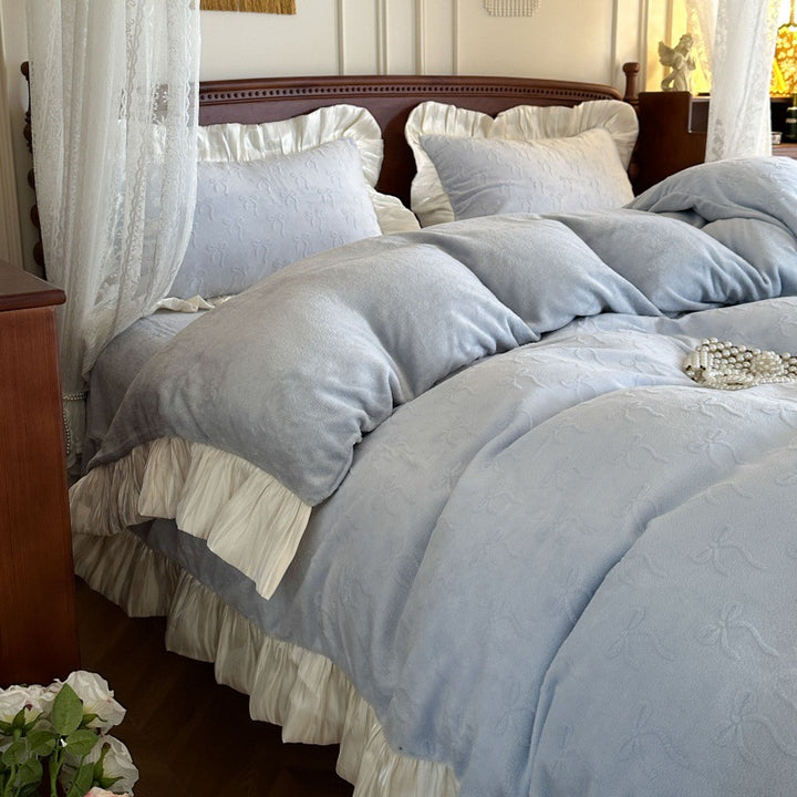 Embroidered Plush Velvet Ruffled Duvet Cover Set with Pleated Skirt