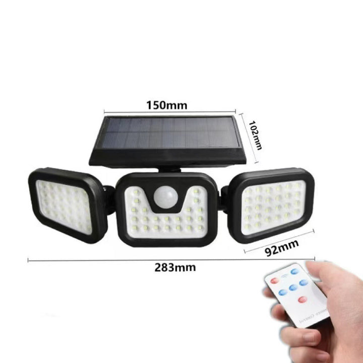 Outdoor Solar Triple-Head LED Security Floodlight With PIR Motion Sensor And Adjustable Swivel Mounts Stornfield