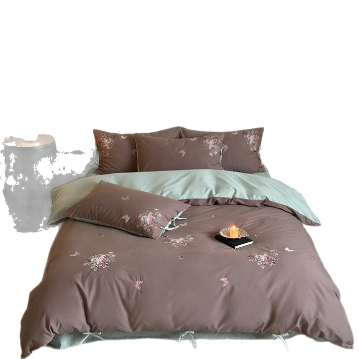 Embroidered Floral Cotton Sateen Duvet Cover Set with Bow-Tie Pillowcases