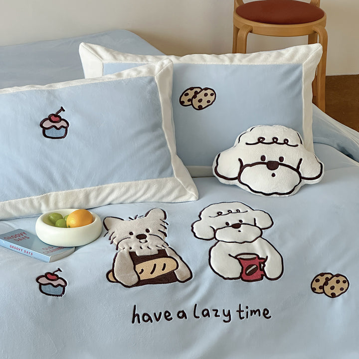 Cartoon-Embroidered Cotton Duvet Cover Bedding Set with Plush Patch