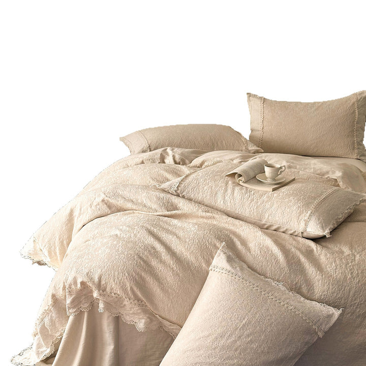 Washed Linen Lace-Trim Duvet Cover Set with Scalloped Edge